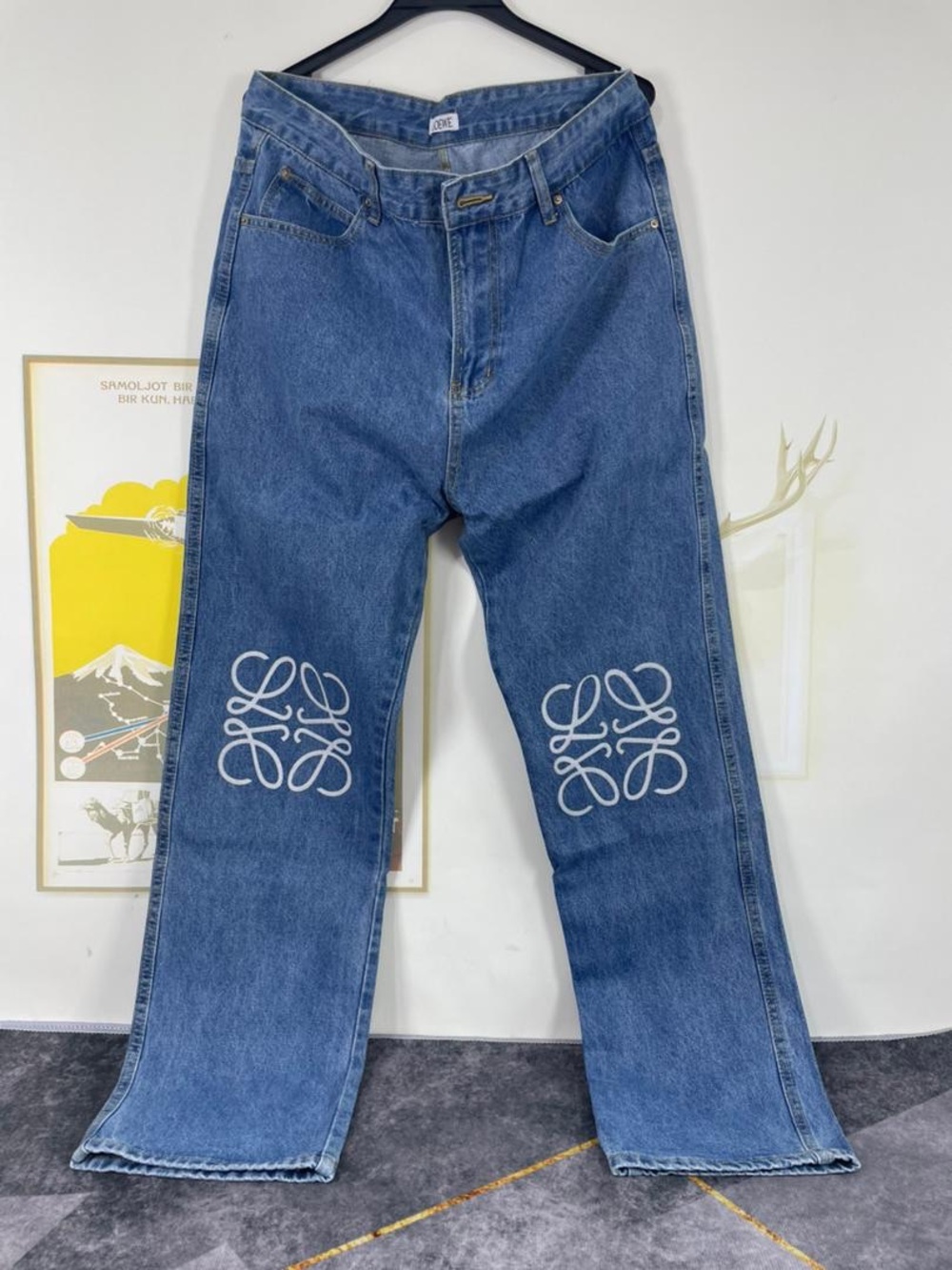 Loewe Straight-Leg Blue Jeans with White Graphic Knees